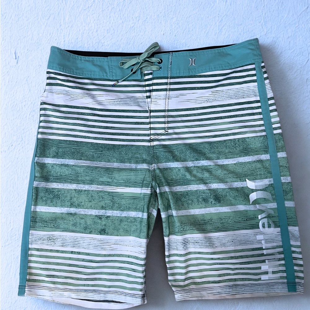 Hurley Men's Green and White Striped Board Shorts
